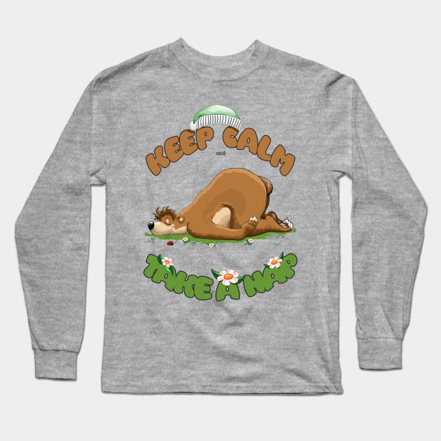 Keep Calm and Take a Nap, Sleeping Bear and tiny cute Ladybug Long Sleeve T-Shirt by BluedarkArt